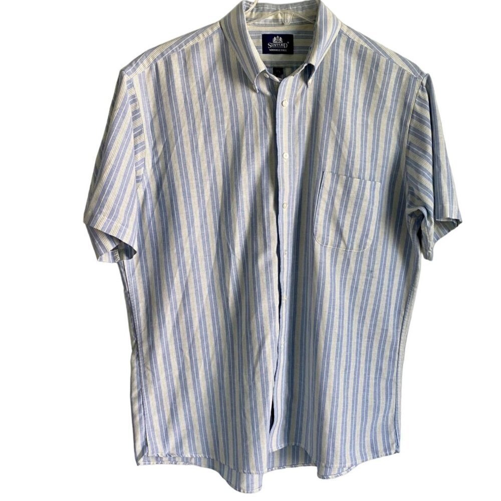 Stafford Short Sleeve Button Down Blue Yellow Striped Shirt Neck Size 17.5